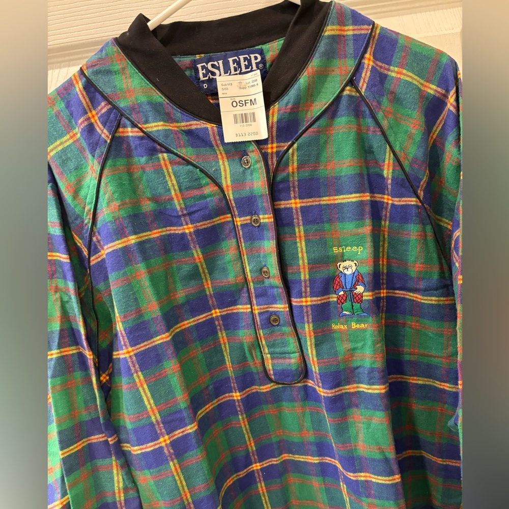 Vintage‎ ESLEEP Plaid Long Sleeve Pajama Nightgown with Bear Embroidery
